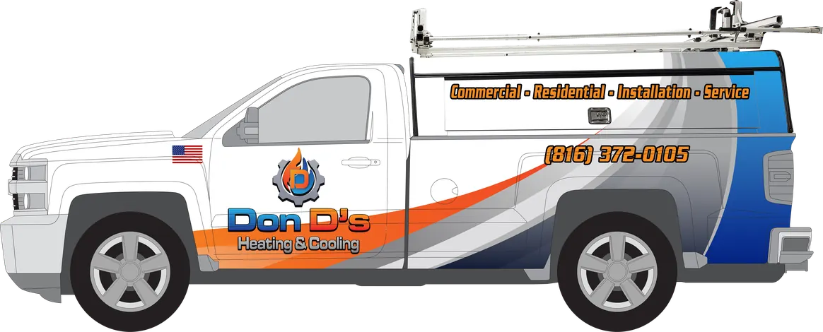 Don D's Heating & Cooling wrapped service truck with ladder rack
